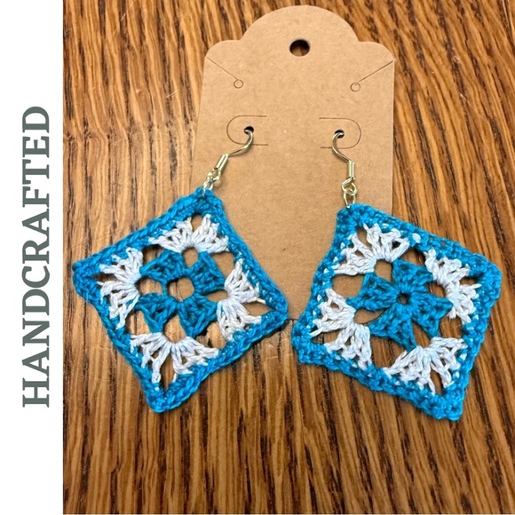 Handcrafted Blue & White Crochet Earrings | Square Boho Drops | Artisan Jewelry - Picture 1 of 4